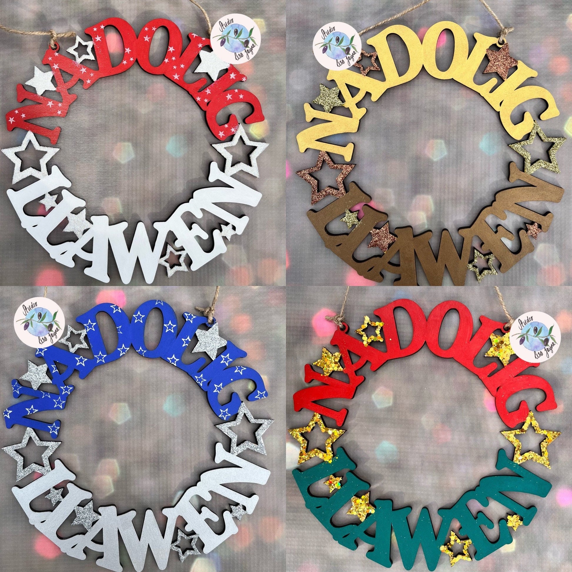 Nagolig Llawen Welsh Wreath Hand painted signs in Red and White, Gold, Blue and Silver, Red and Green