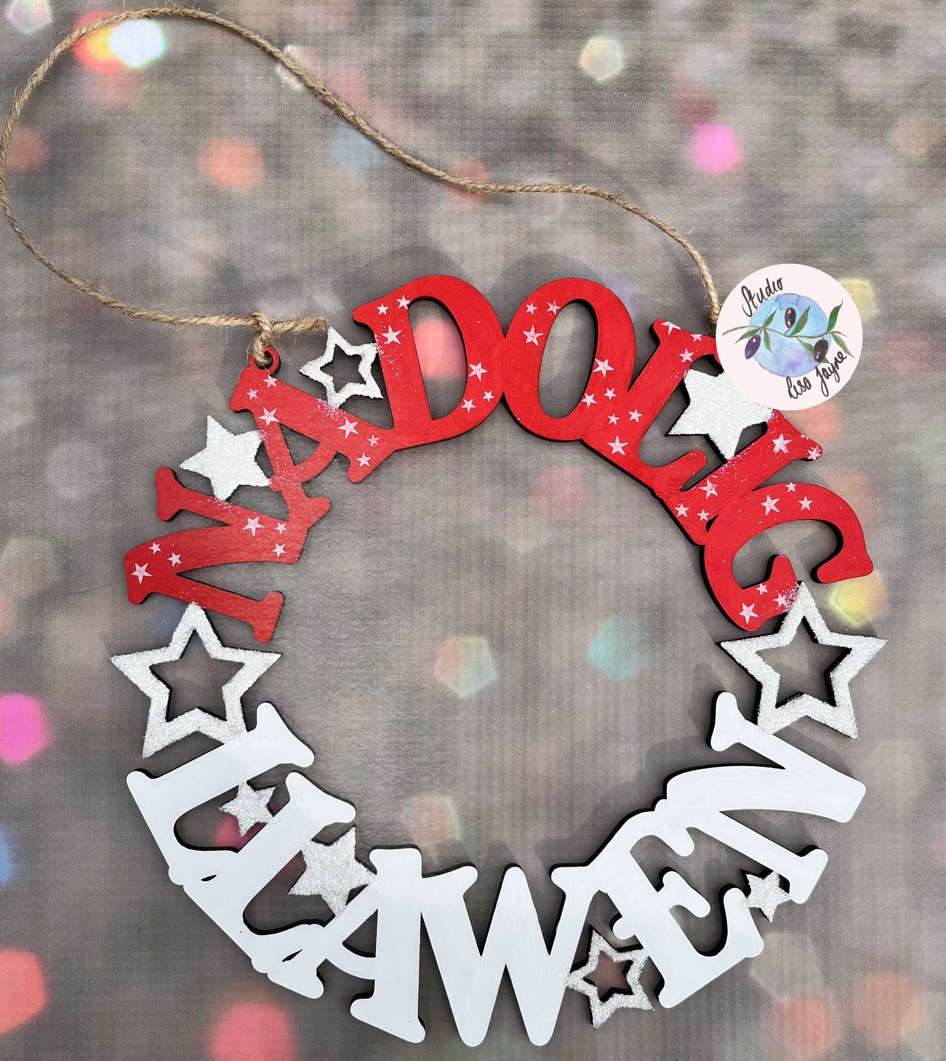 Nagolig Llawen Welsh Wreath Hand painted sign in Red and White - glitter