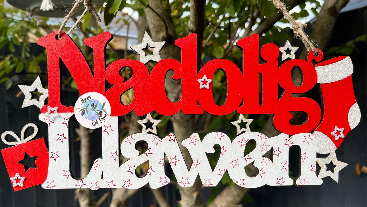 Naolig Llawen White and Red Welsh Christmas Sign - tree