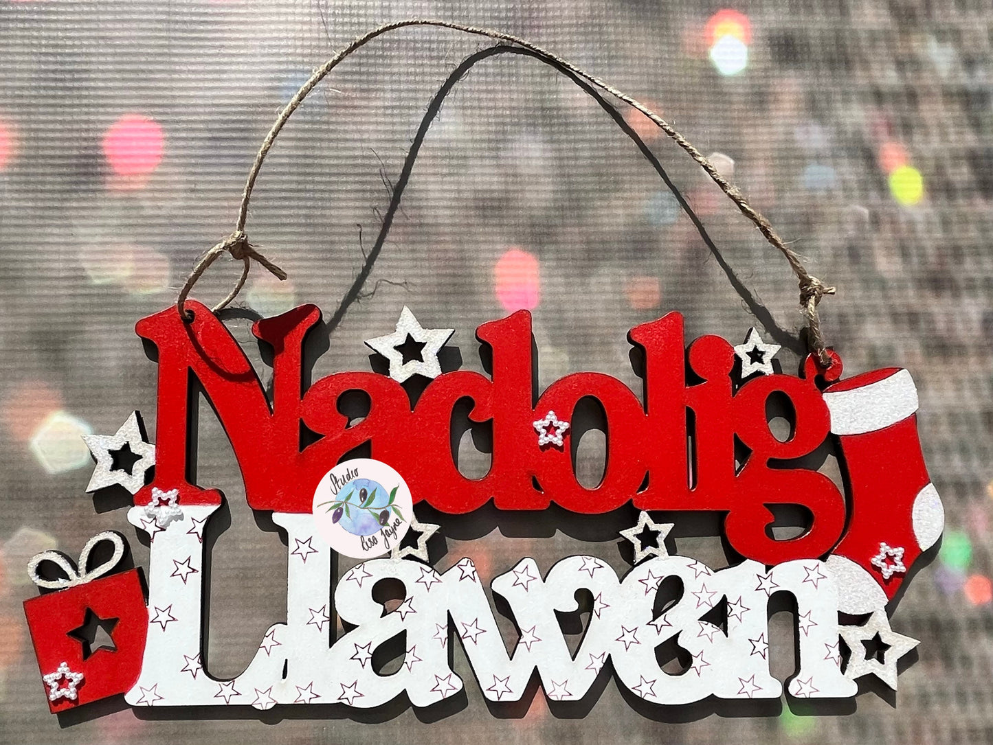 Naolig Llawen White and Red Welsh Christmas Sign - glitter