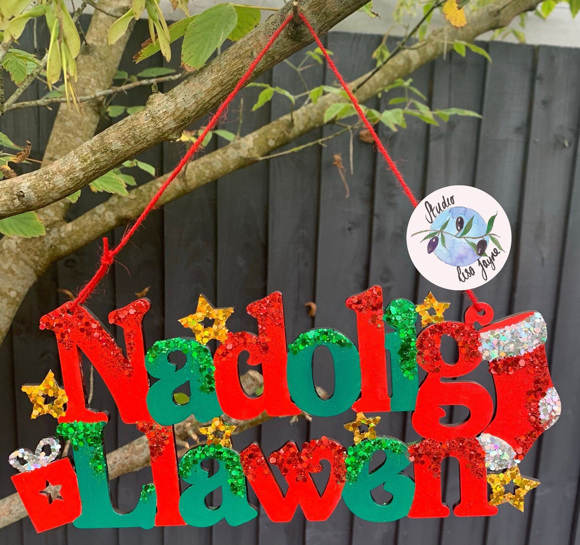 Naolig Llawen Green and Red Welsh Christmas Sign - tree