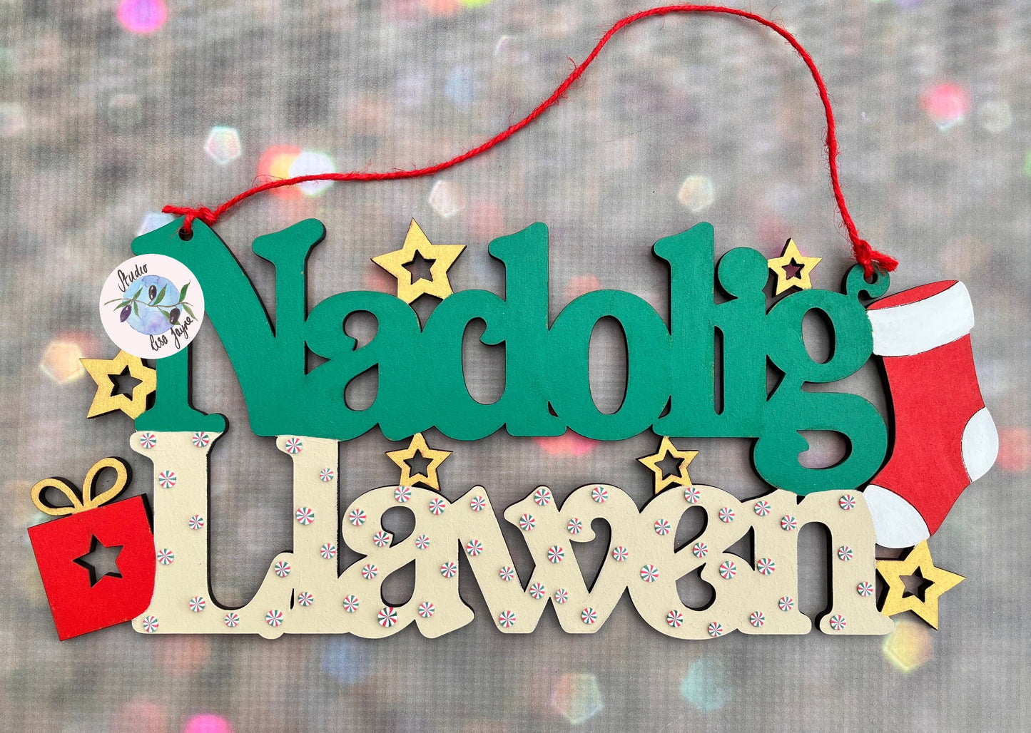 Naolig Llawen Green Cream Welsh Christmas Sign - Candycane Sweets Glitter