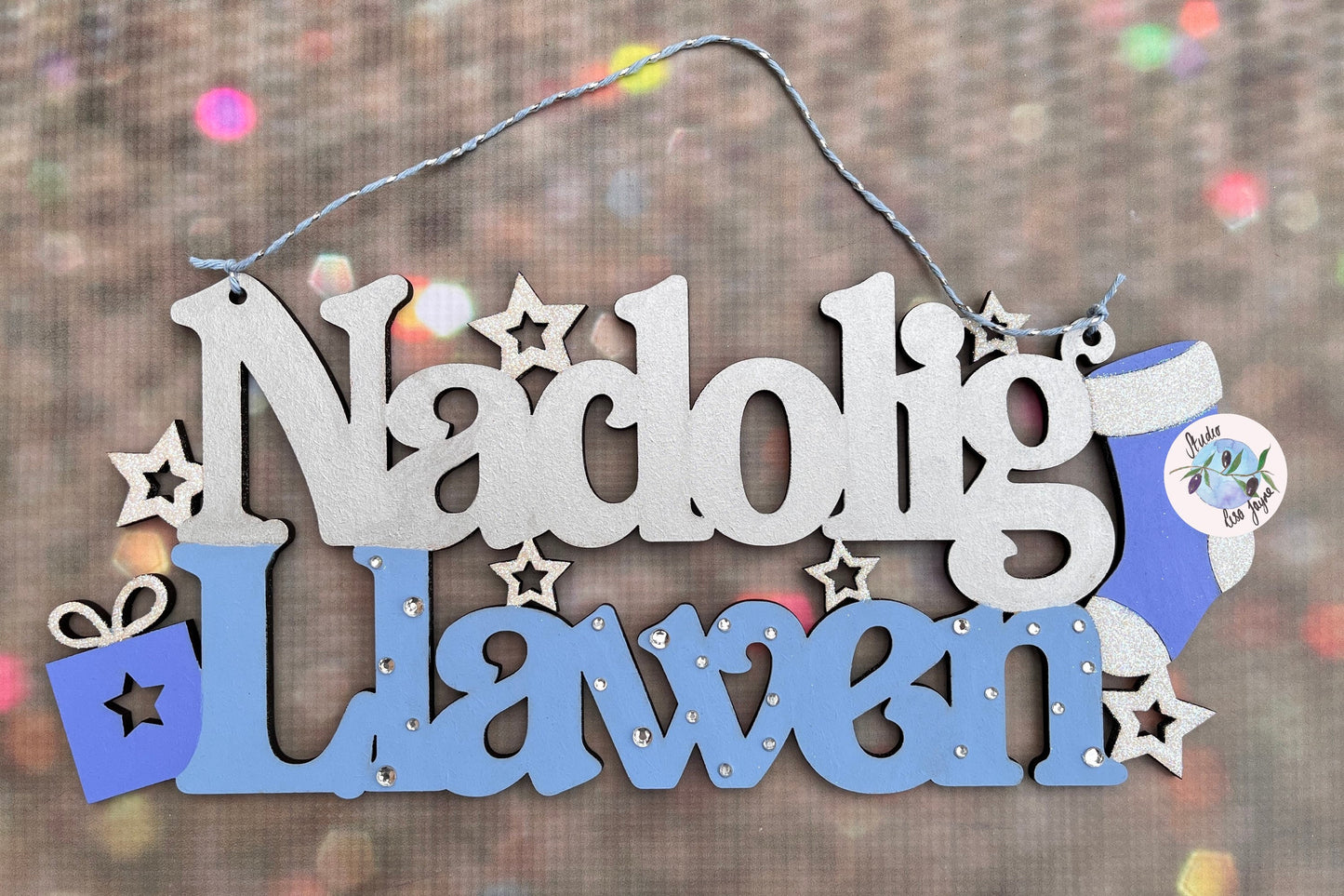 Naolig Llawen Silver and Blue Welsh Christmas Sign - Glitter Diamante