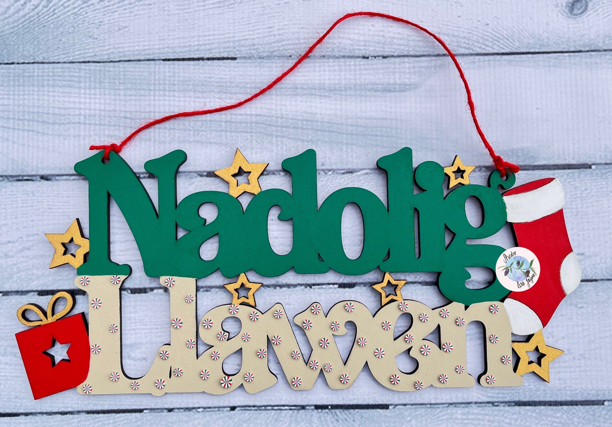 Naolig Llawen Green Cream Welsh Christmas Sign - Candy cane Sweets White