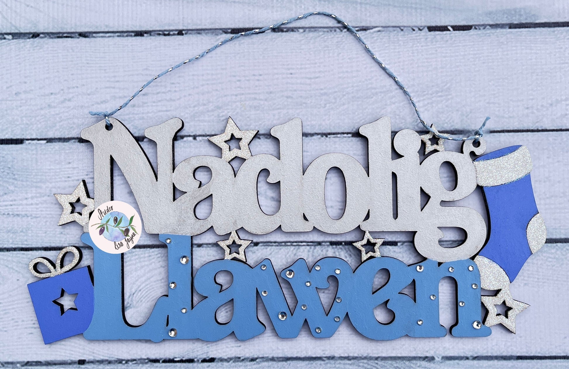 Naolig Llawen Silver and Blue Welsh Christmas Sign - Glitter Diamante White