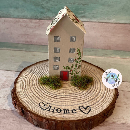 Miniature Rustic Style Wooden House on Log Slice