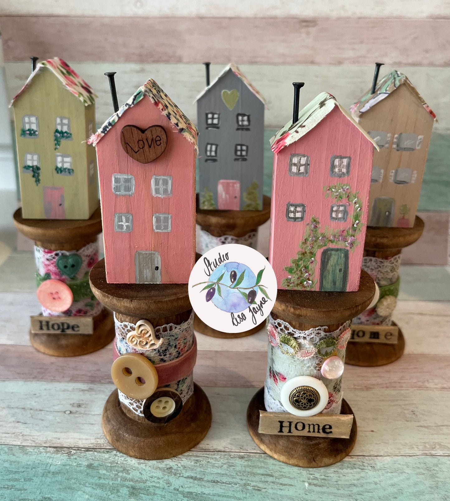 Rustic House on Vintage Style Wooden Spool Mum