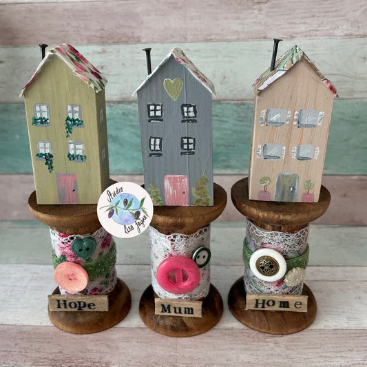 Rustic House on Vintage Style Wooden Spool Mum