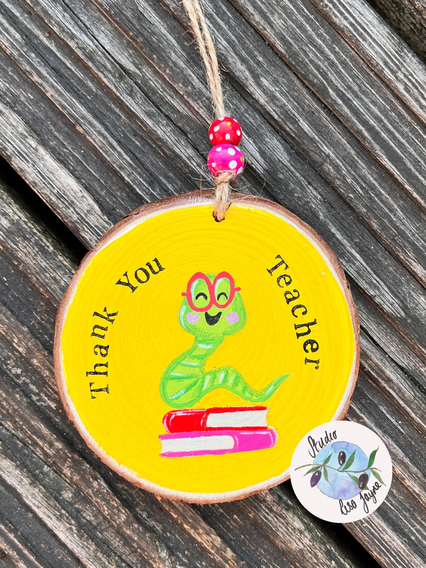 Thank You Teacher Bookworm Handpainted Hanging Gift