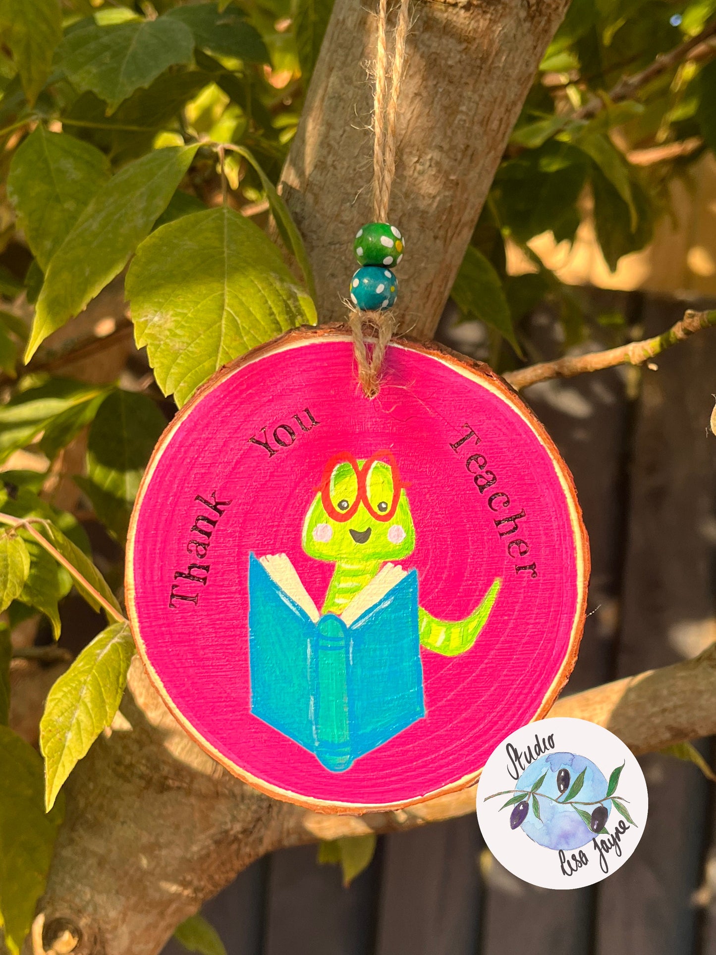 Thank You Teacher Bookworm Handpainted Hanging Gift