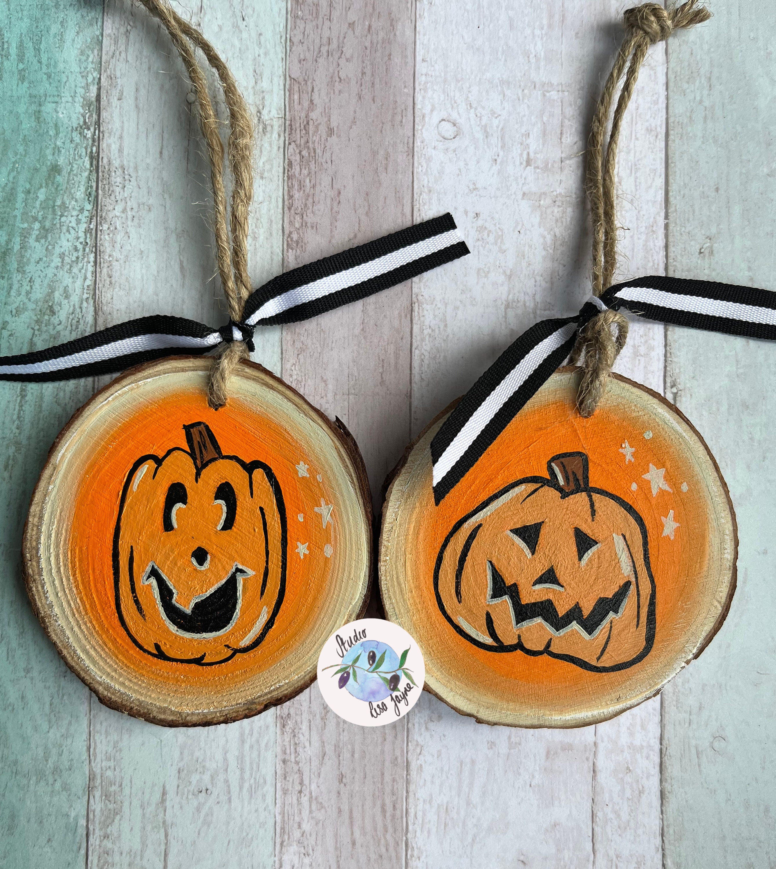 Vintage Style Hand Painted Log Slice Halloween Decor