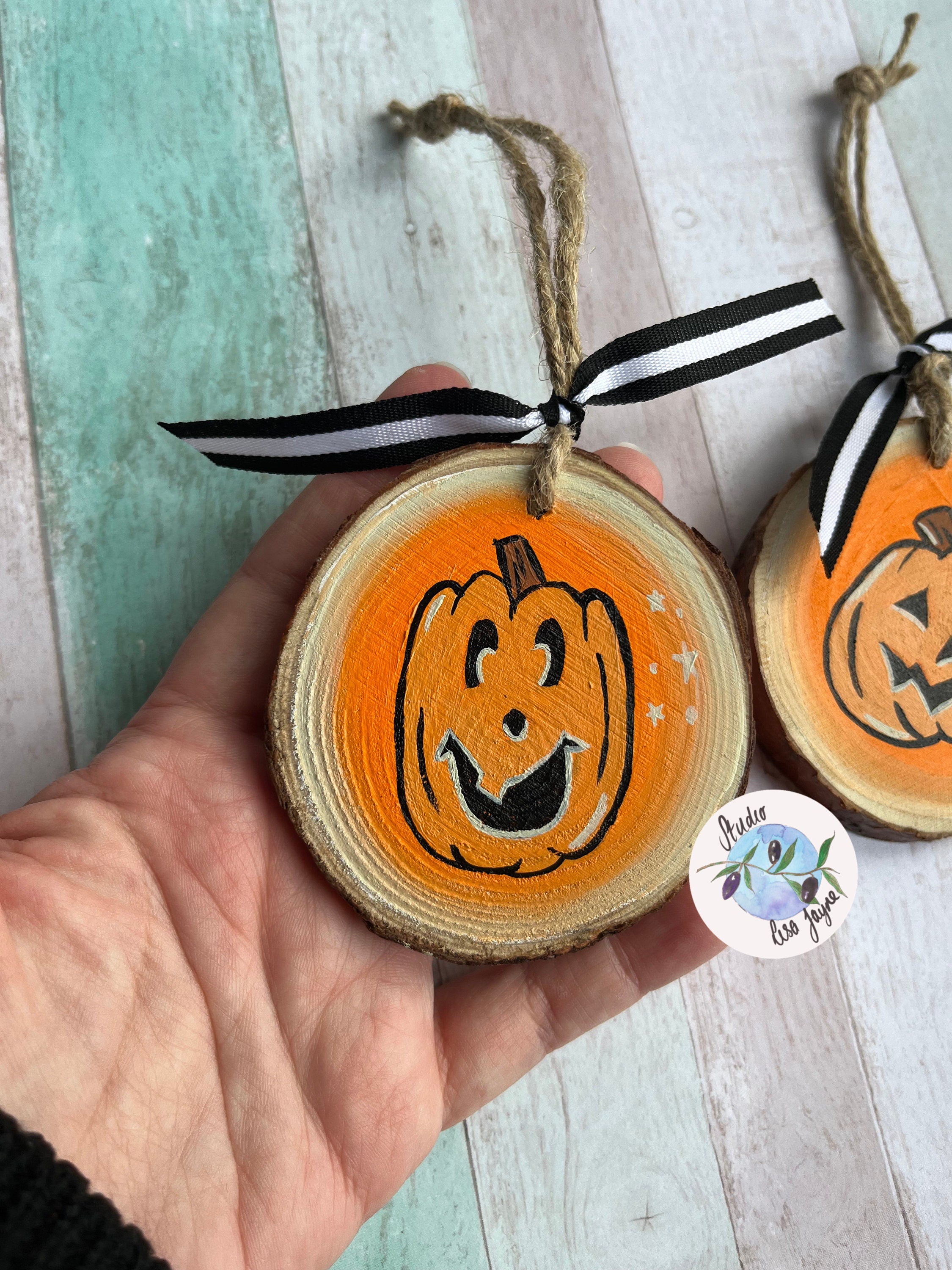 Vintage Style Hand Painted Log Slice Halloween Decor