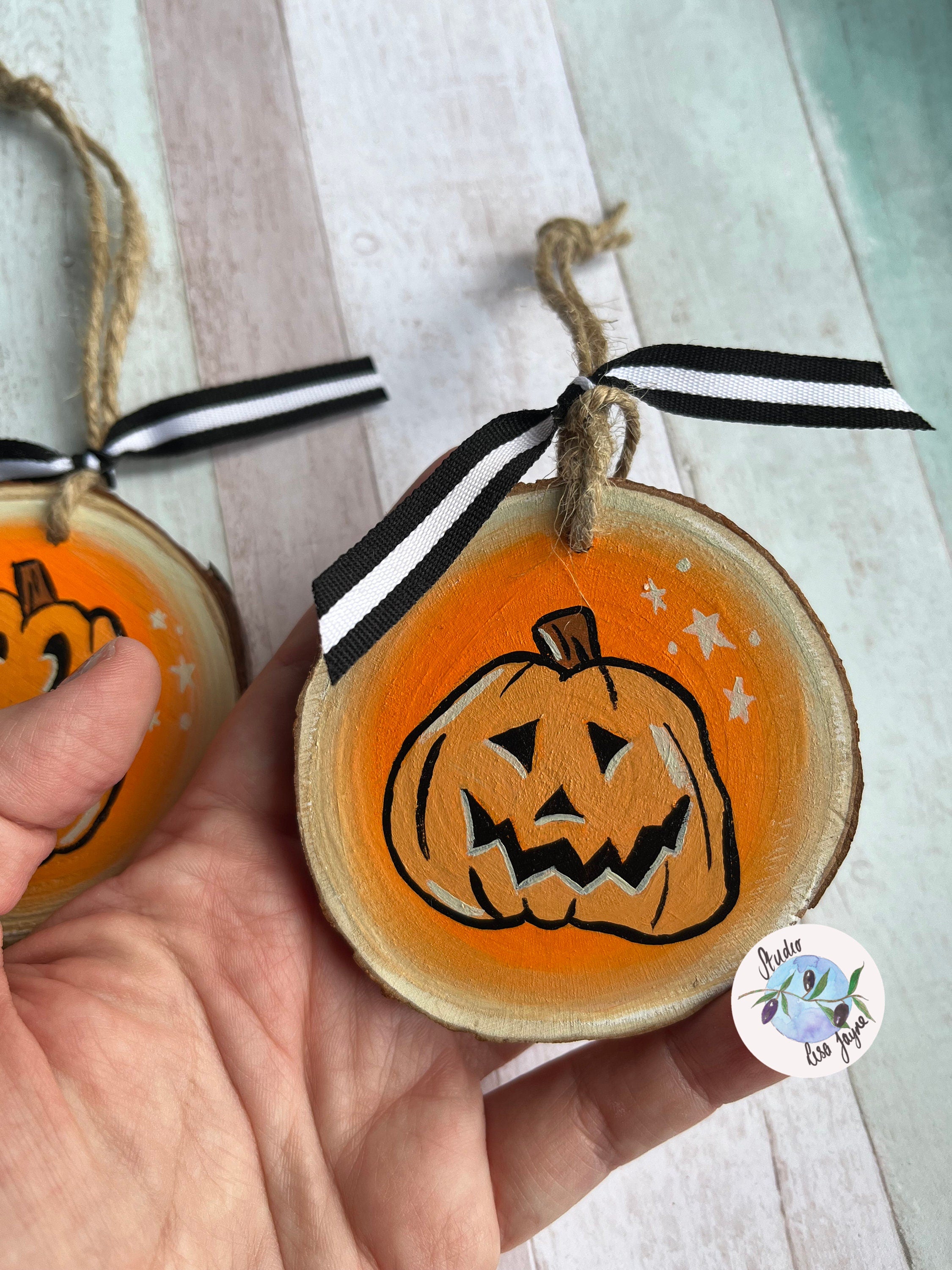 Vintage Style Hand Painted Log Slice Halloween Decor