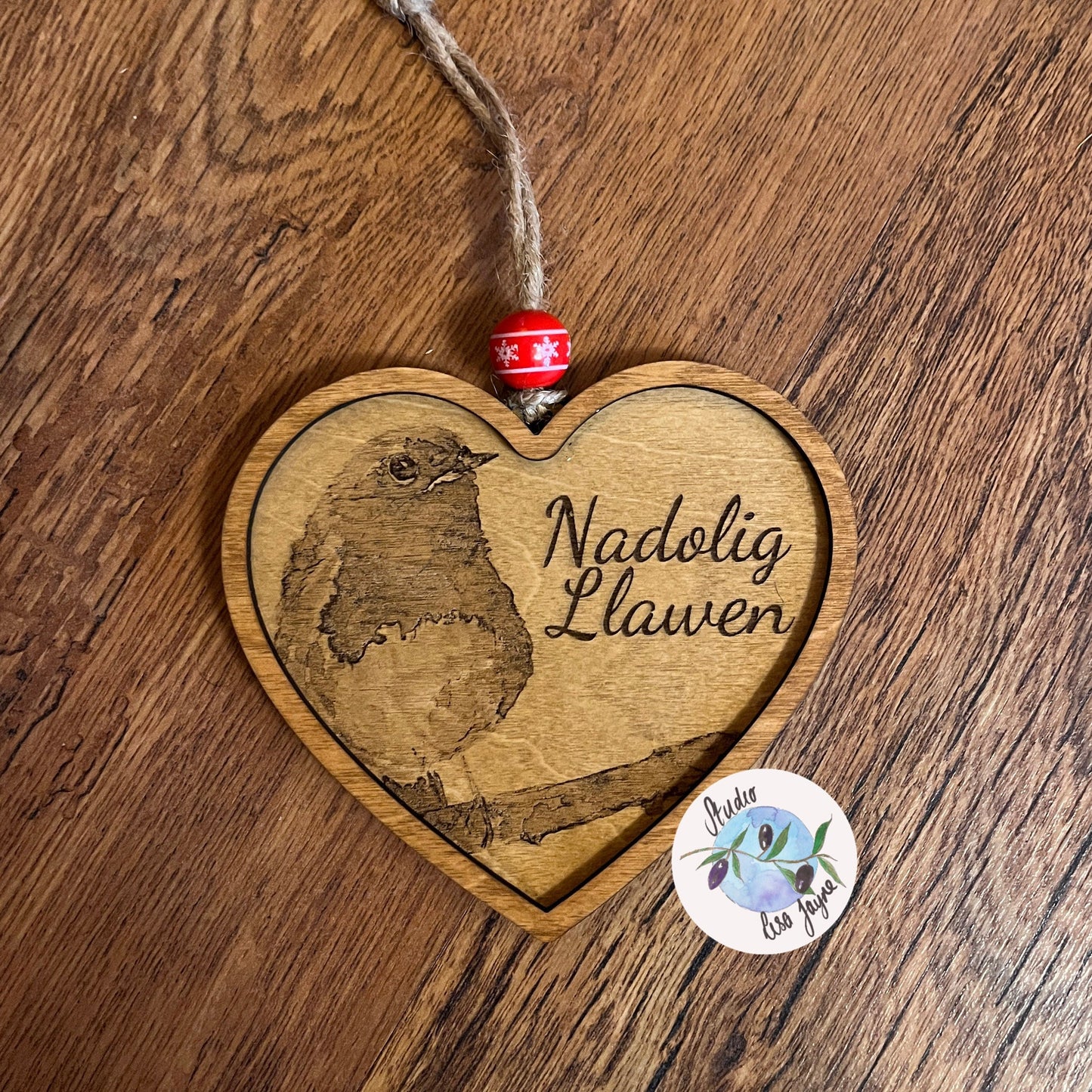 Laser Etched From Original Artwork Robin Heart Nadolig Llawen Christmas Tree Decoration