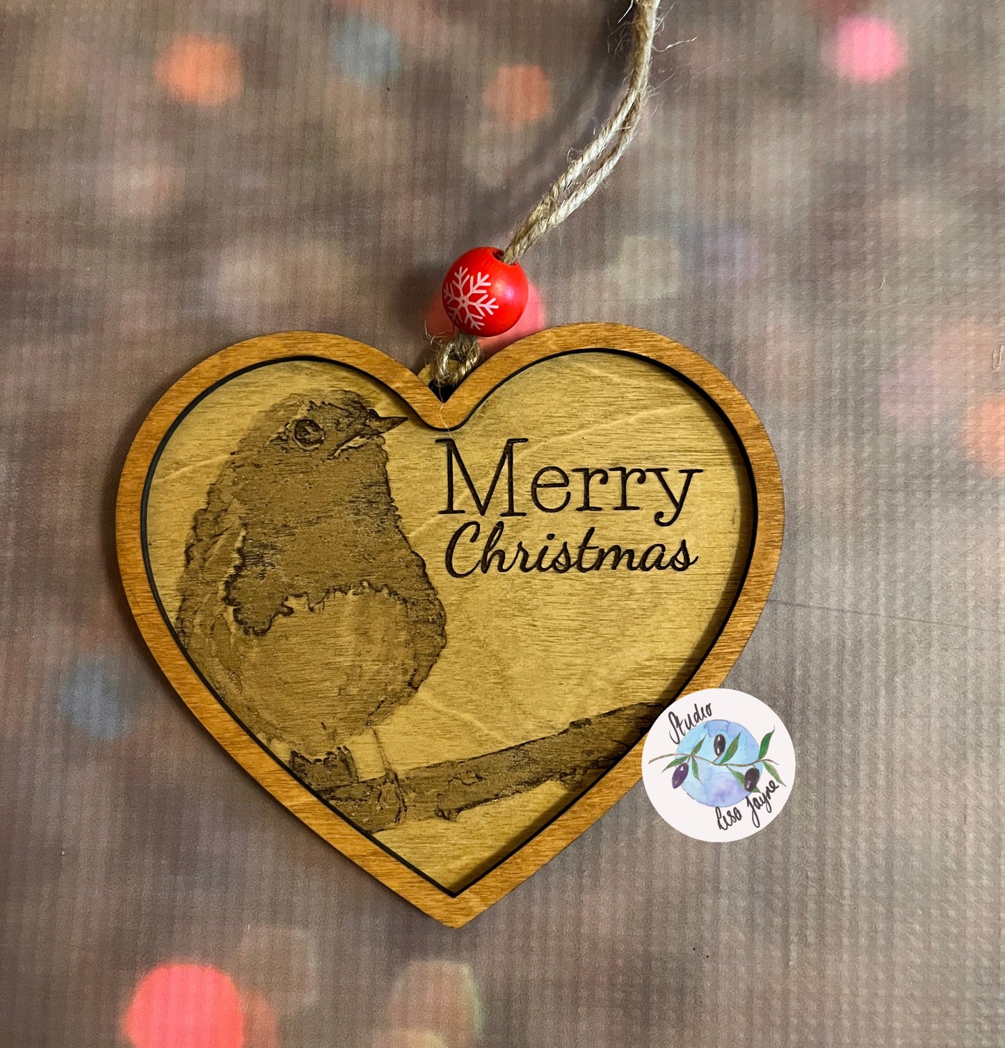 Laser Etched From Original Artwork Robin Heart Merry Christmas Tree Decoration