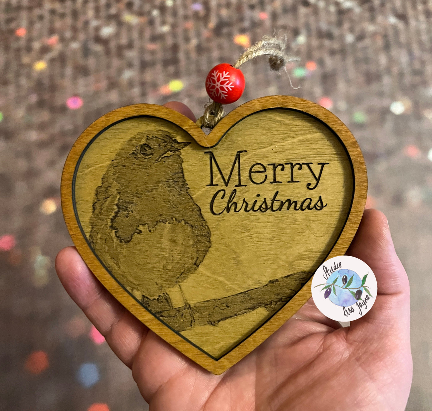 Laser Etched From Original Artwork Robin Heart Merry Christmas Tree Decoration