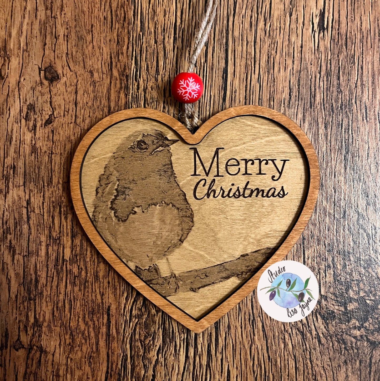 Laser Etched From Original Artwork Robin Heart Merry Christmas Tree Decoration