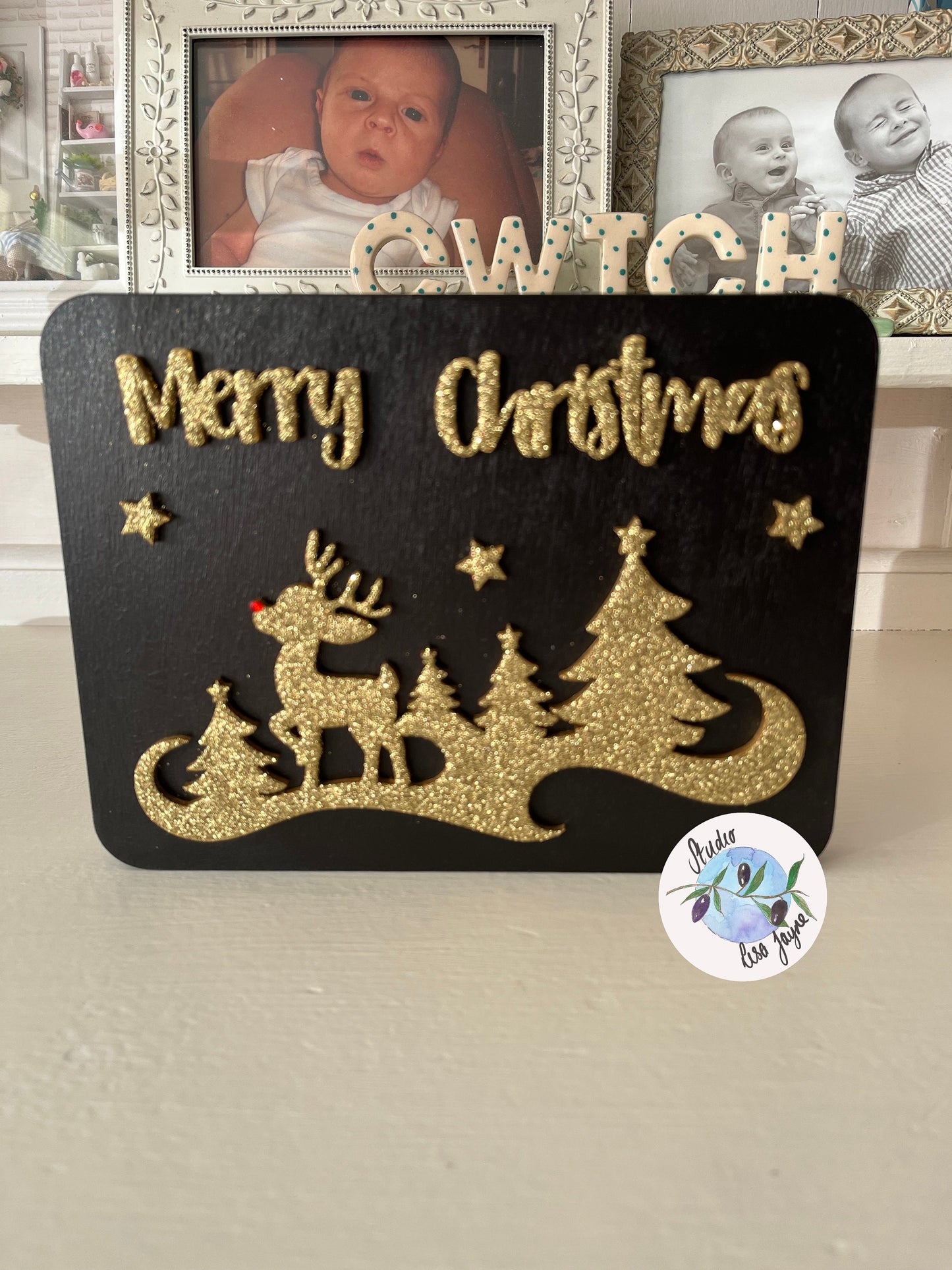 Black and Gold Chunky Glittered Merry Christmas Sign