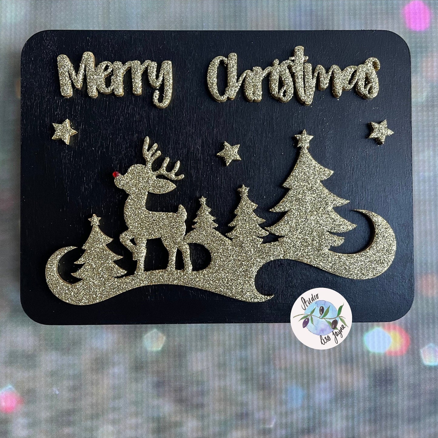 Black and Gold Chunky Glittered Merry Christmas Sign