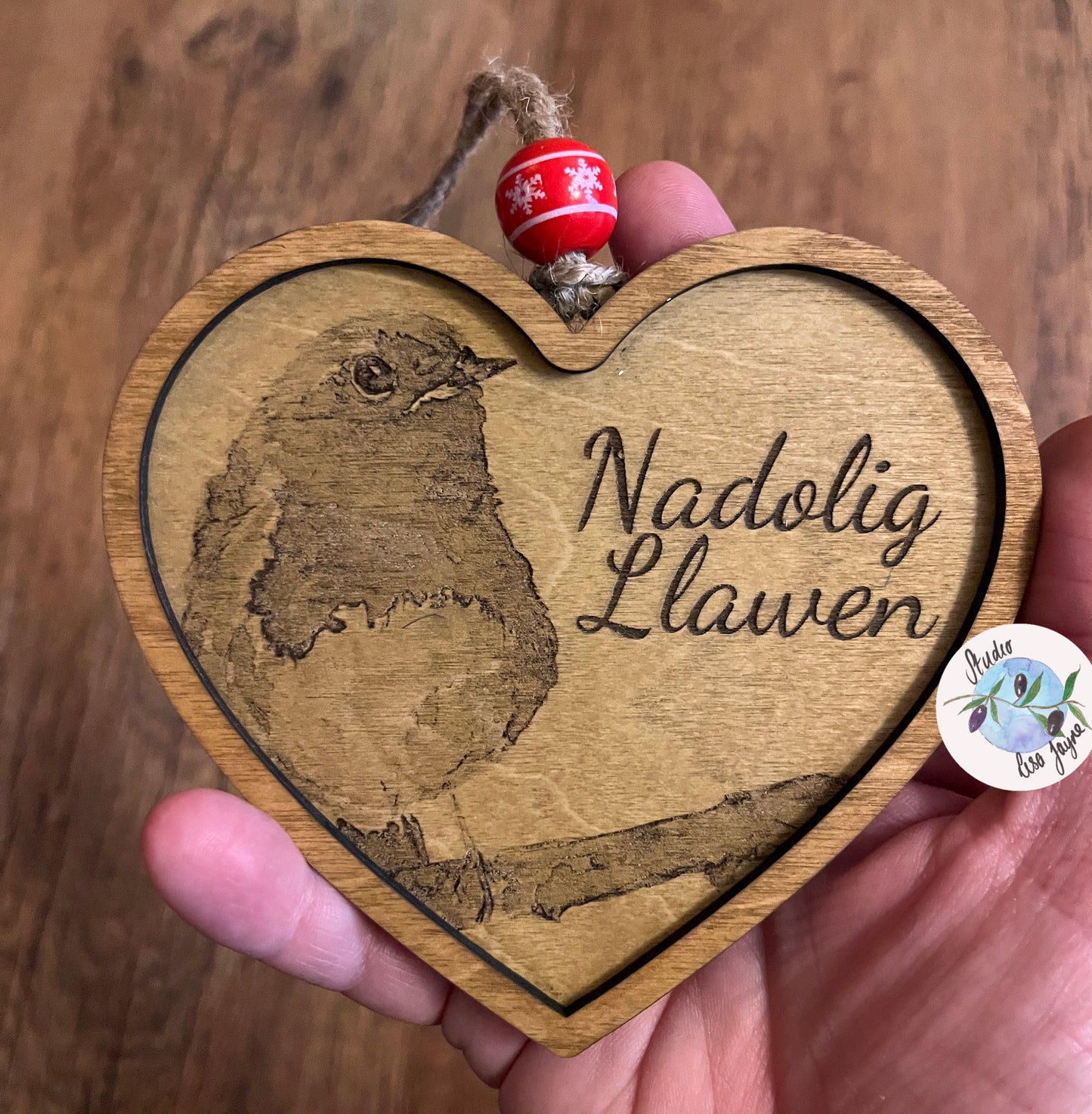 Laser Etched From Original Artwork Robin Heart Nadolig Llawen Christmas Tree Decoration