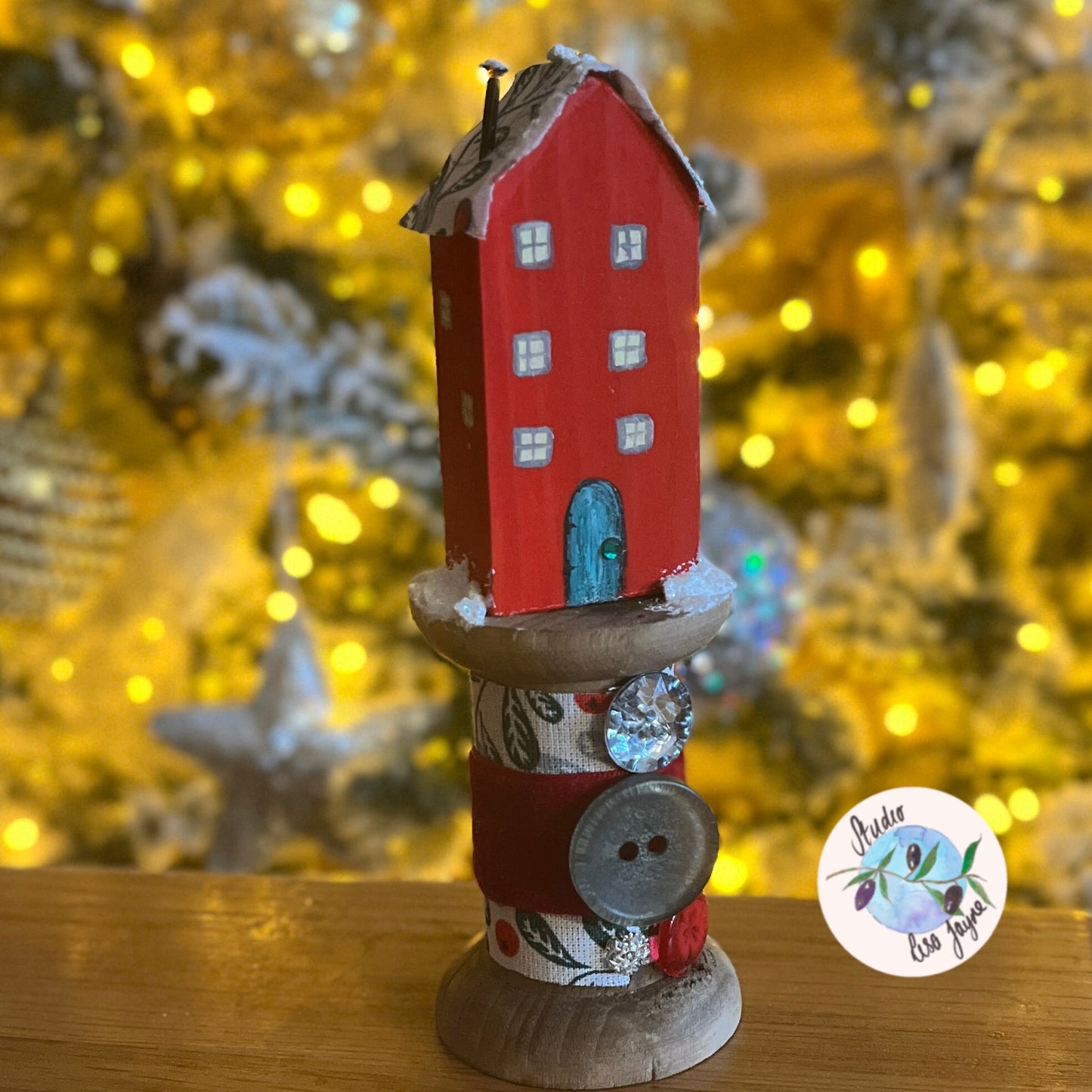 Christmas Rustic House on Vintage Style Wooden Spool