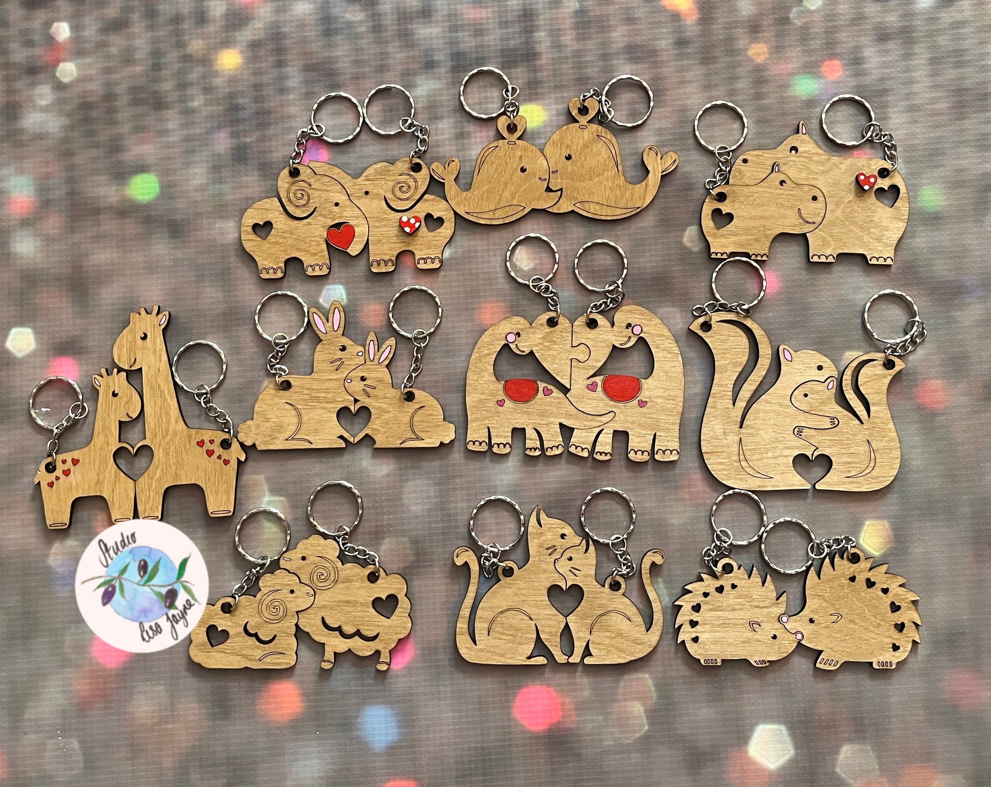 Collection of love anniversary animal pair keyrings jigsaw valentines day - whales, hippos, dinos, dinosaurs, elephants, squirrels, giraffes, rabbits, sheep, cats, hedgehogs