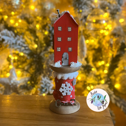 Christmas Rustic House on Vintage Style Wooden Spool