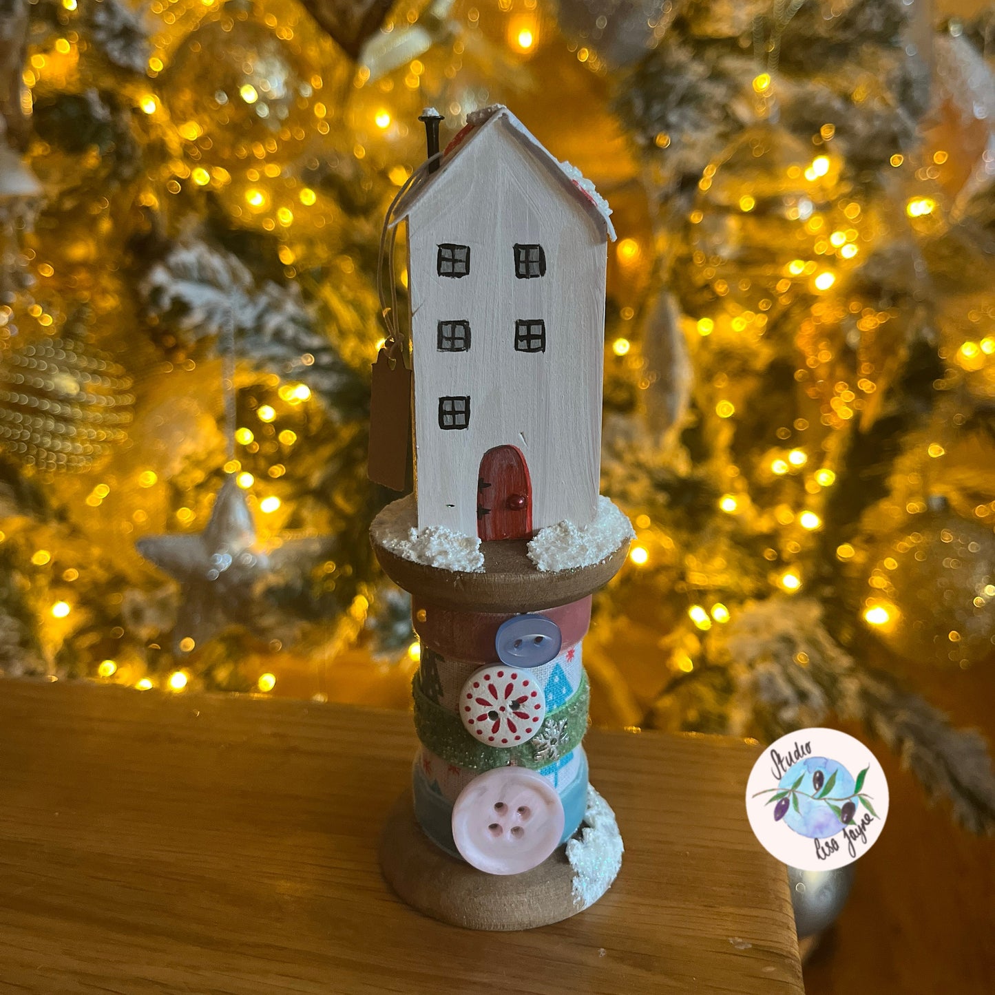 Christmas Rustic House on Vintage Style Wooden Spool