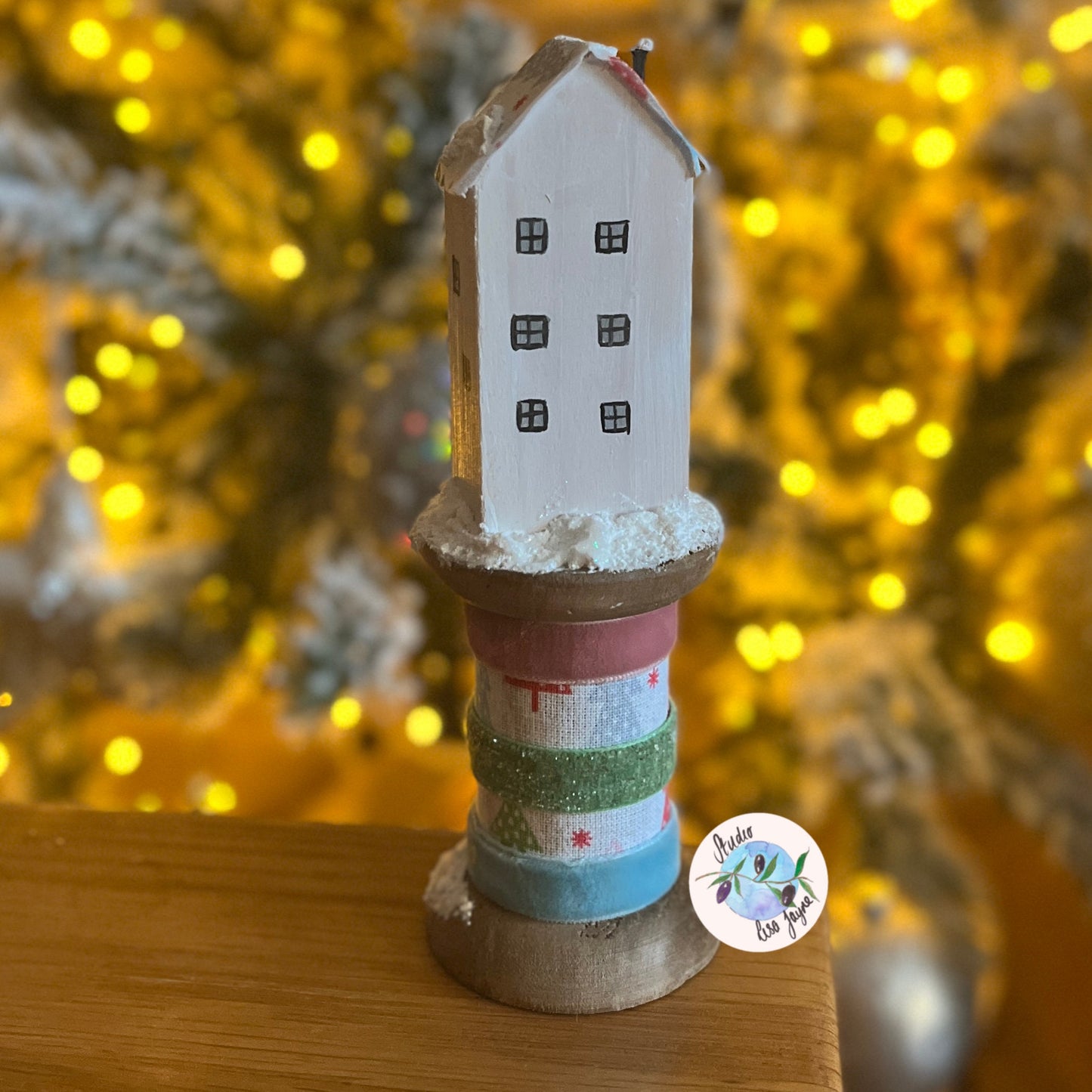 Christmas Rustic House on Vintage Style Wooden Spool