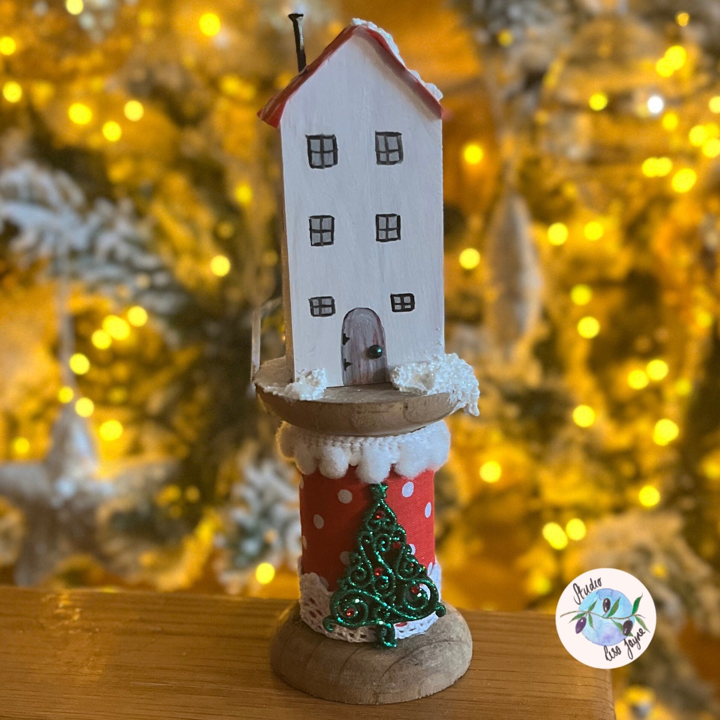 Christmas Rustic House on Vintage Style Wooden Spool