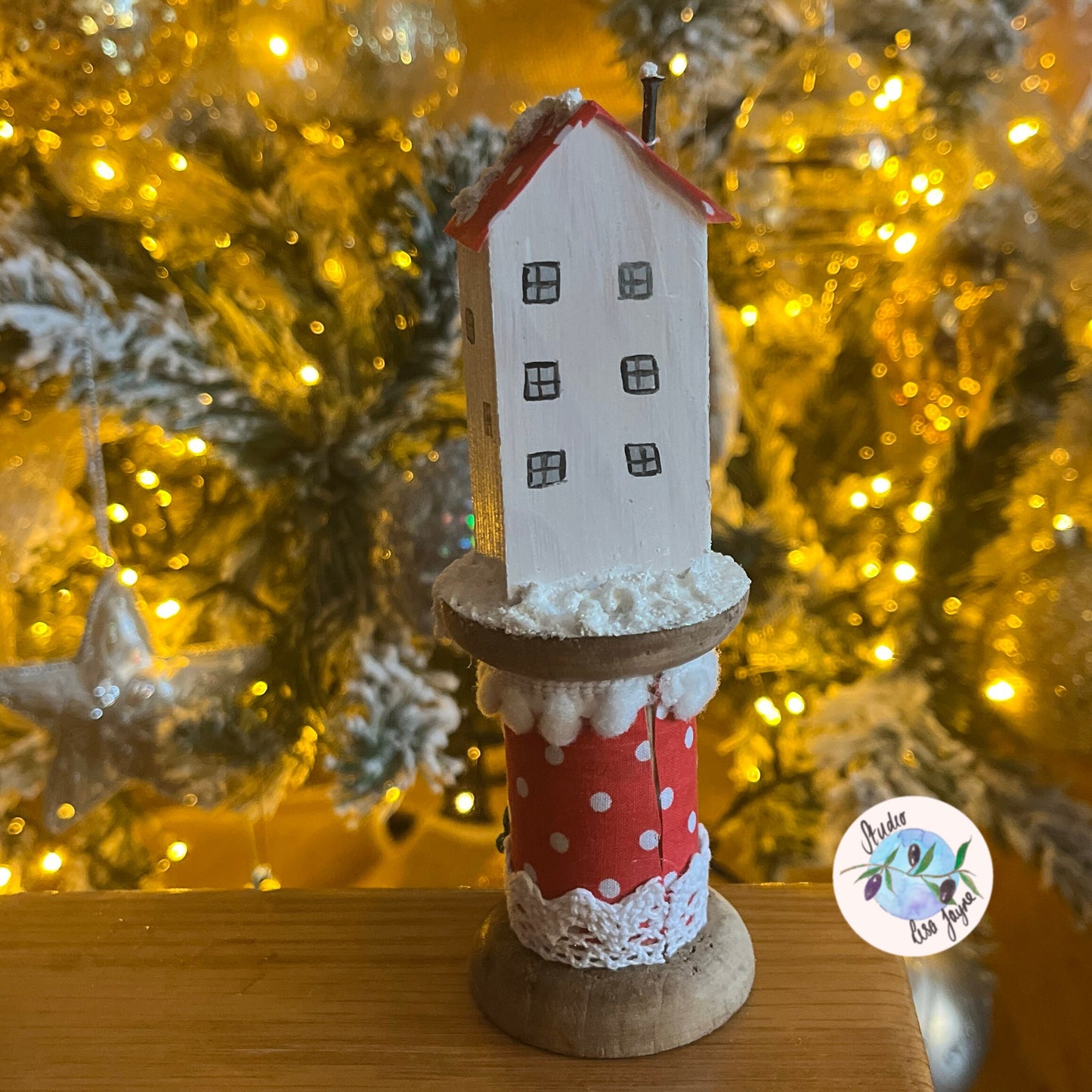 Christmas Rustic House on Vintage Style Wooden Spool