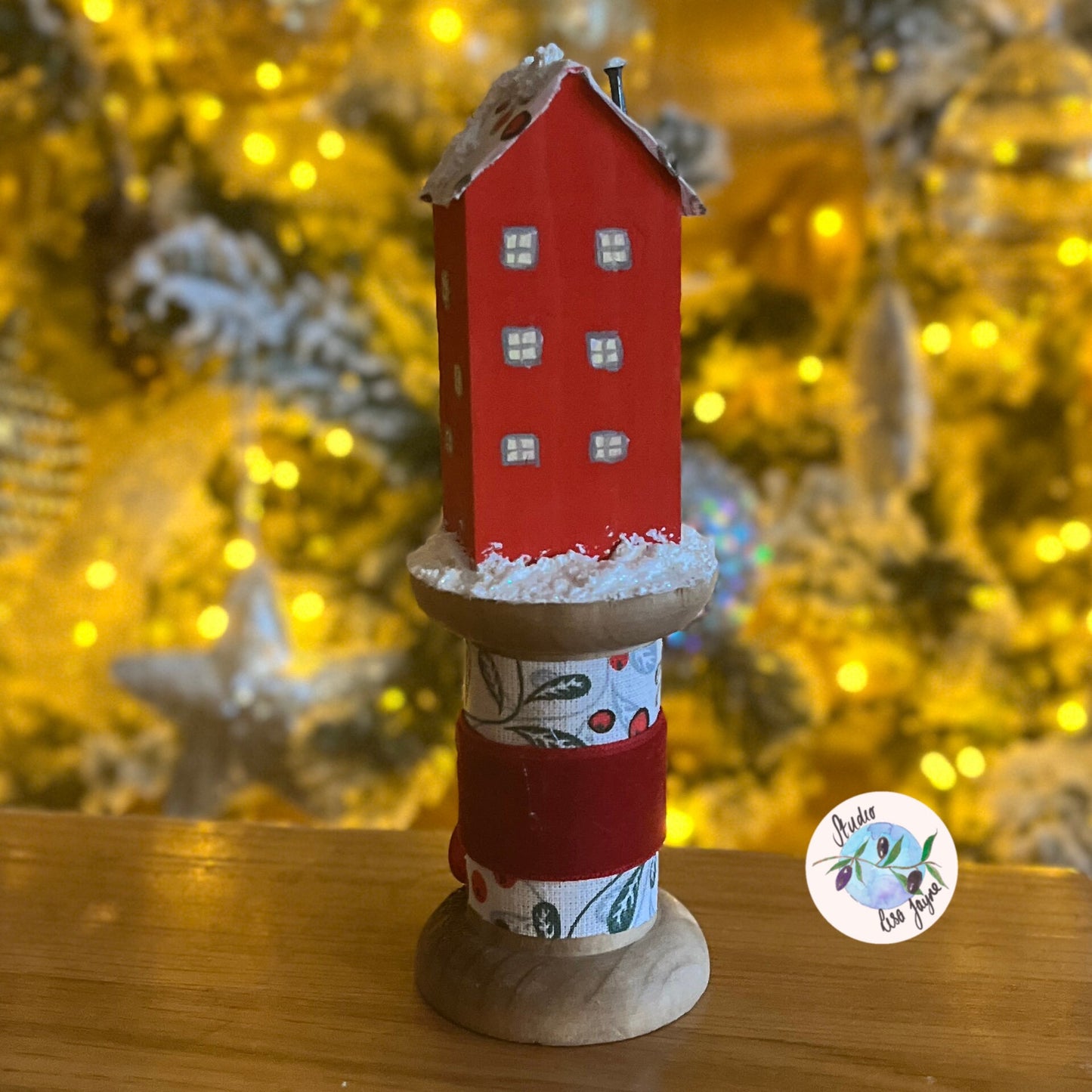 Christmas Rustic House on Vintage Style Wooden Spool