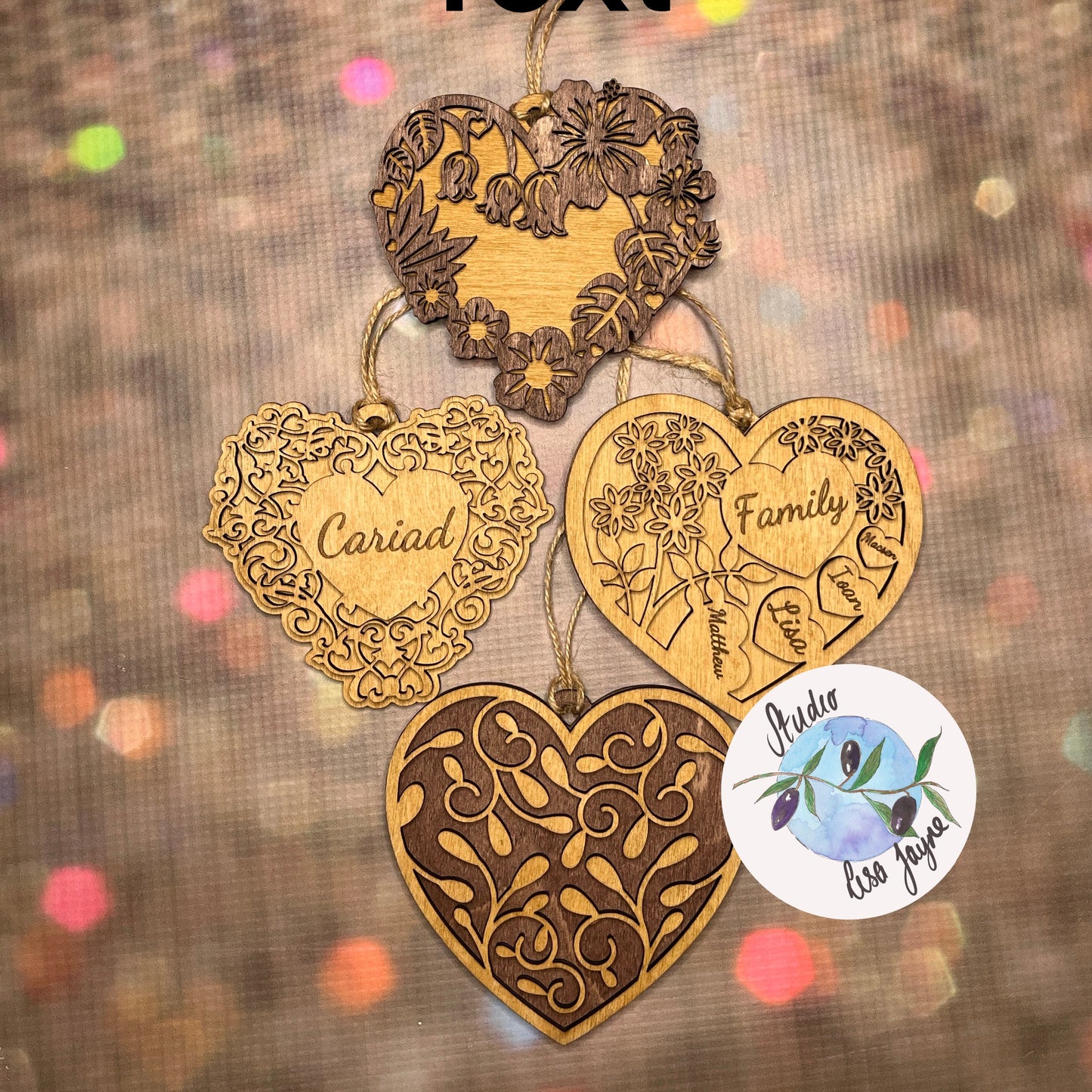 Personalised Family Hearts Hanging Wooden Decoration.