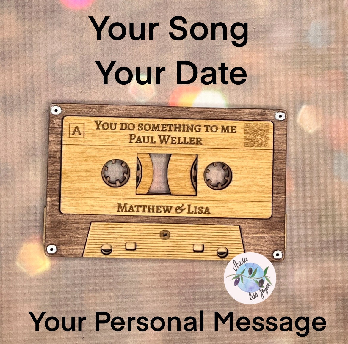 Personalised Mix Tape Decoration Showing Wedding First Dance Song and Name of Bride and Groom and date of wedding - includes QR Code to music video - Instructions