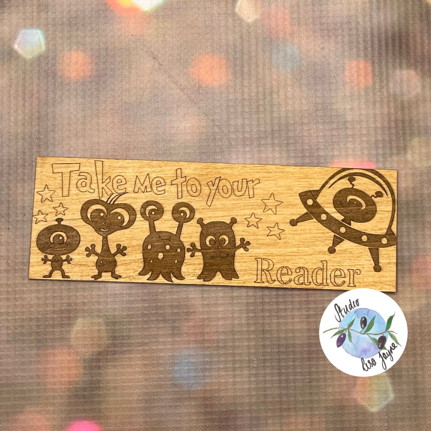 Kids alien bookmarks with the message Take me to your reader - boy girl - UFO - glitter