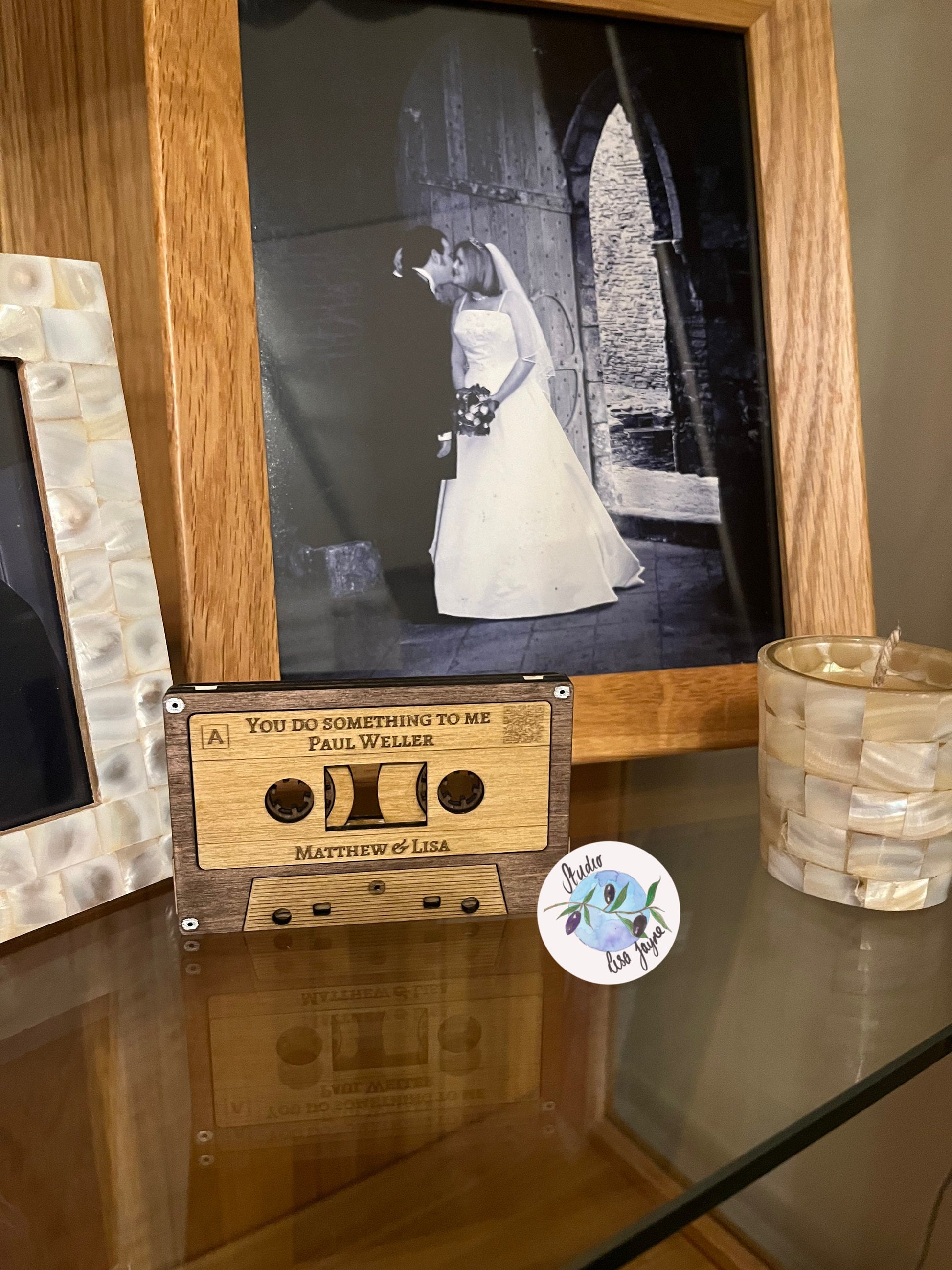 Personalised Mix Tape Decoration Showing Wedding First Dance Song and Name of Bride and Groom - includes QR Code to music video - Next to wedding photograph