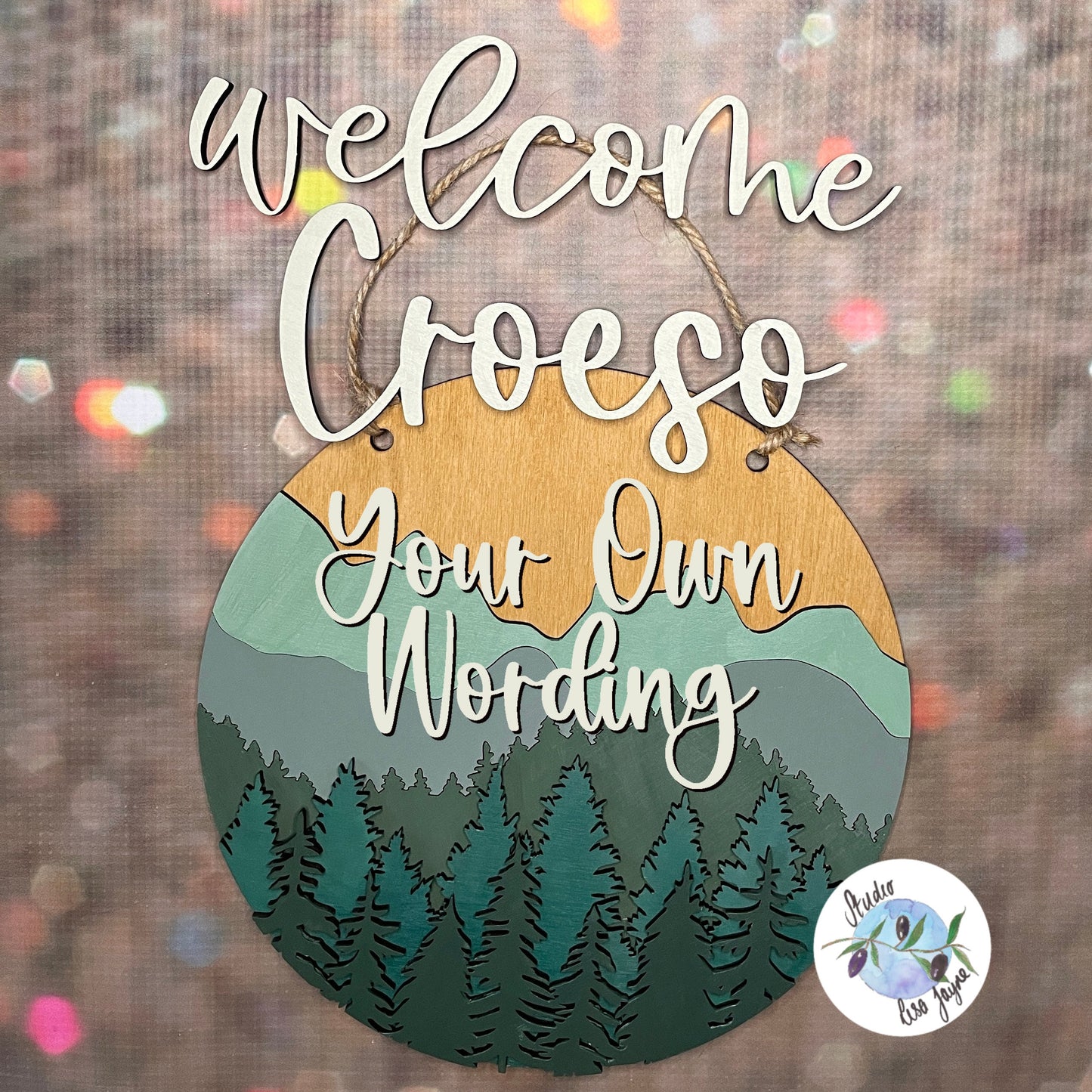 Welcome Croeso Layered Forest and Mountains Hanging Wooden Sign