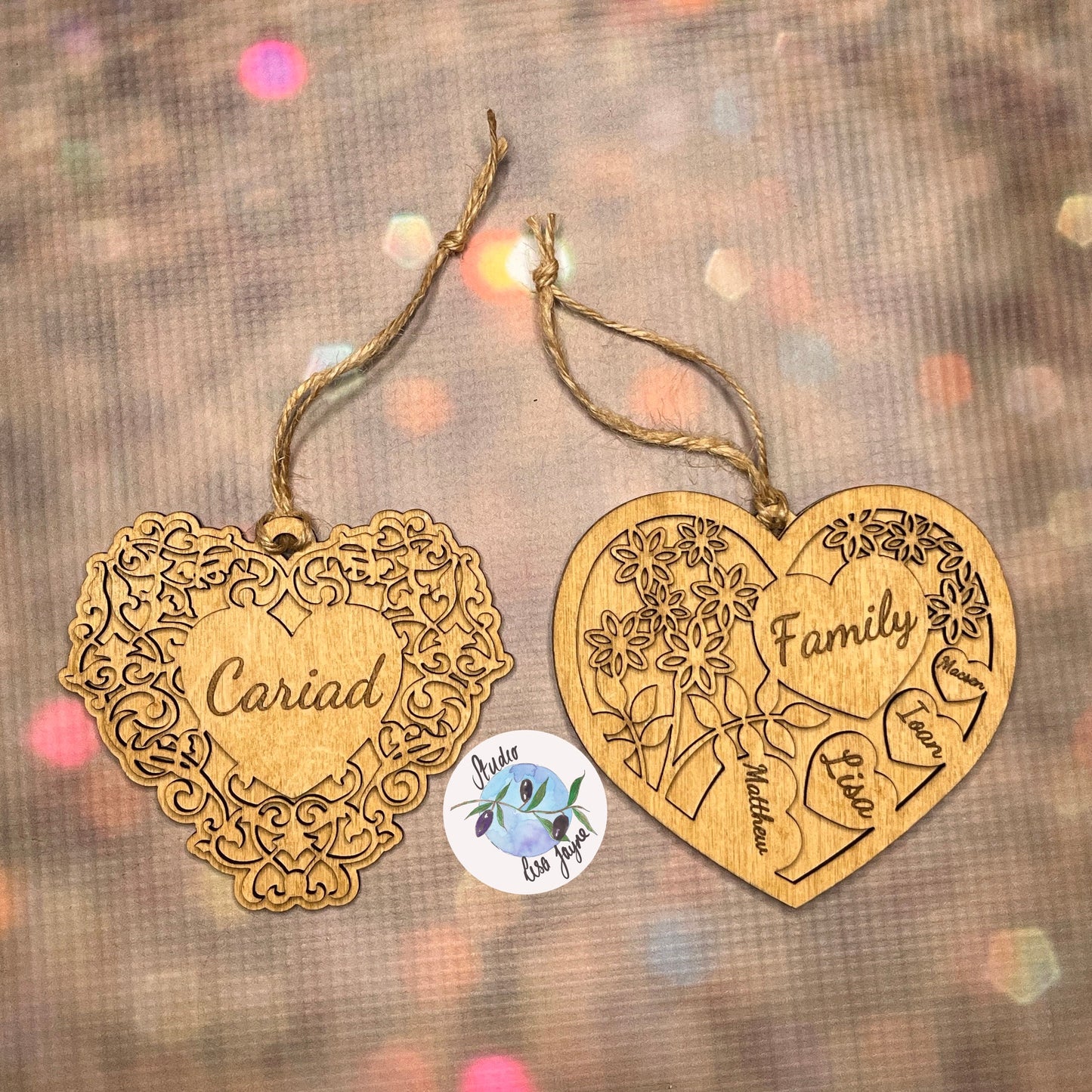 Personalised Family Hearts Hanging Wooden Decoration.