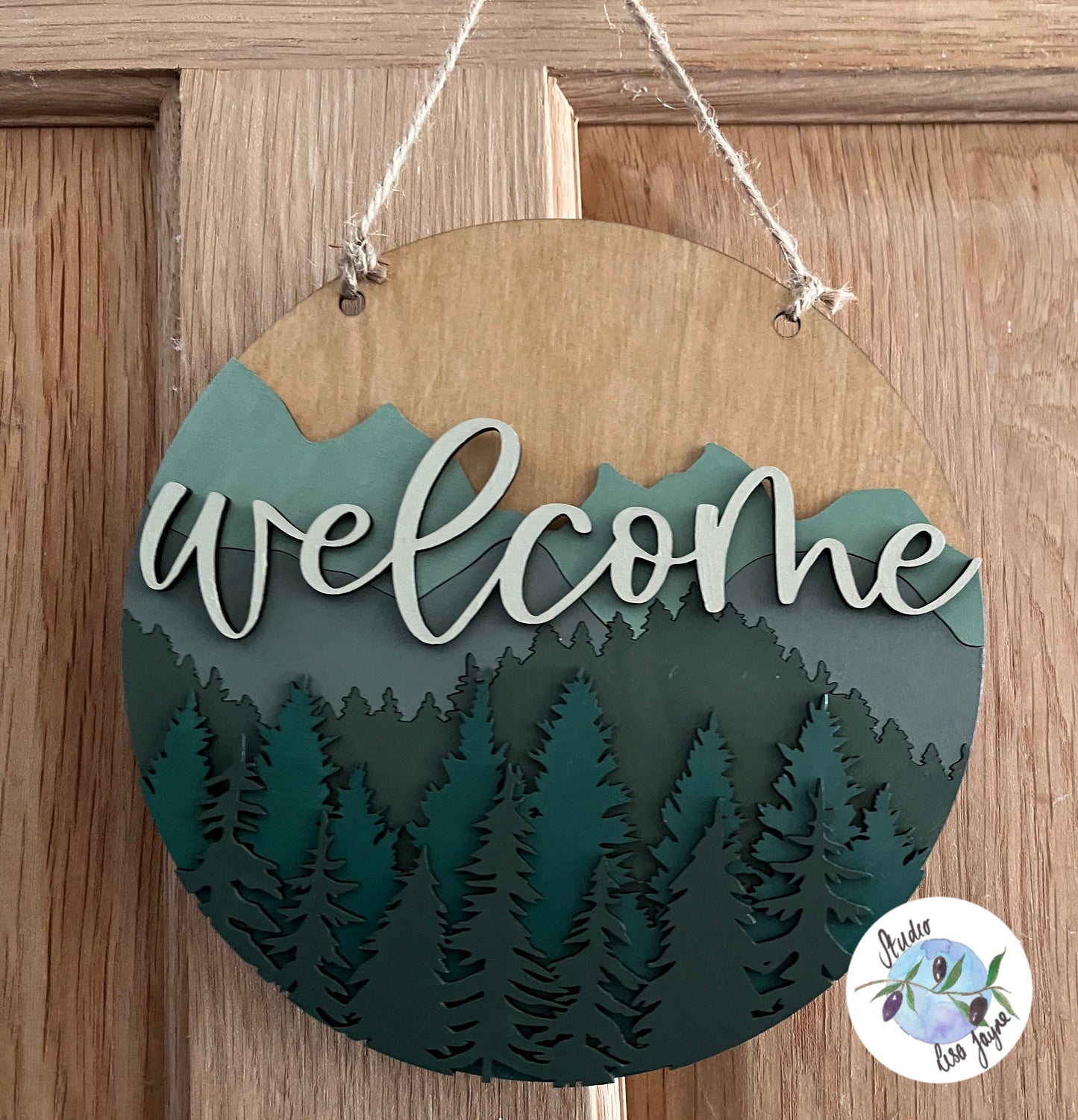 Welcome Croeso Layered Forest and Mountains Hanging Wooden Sign