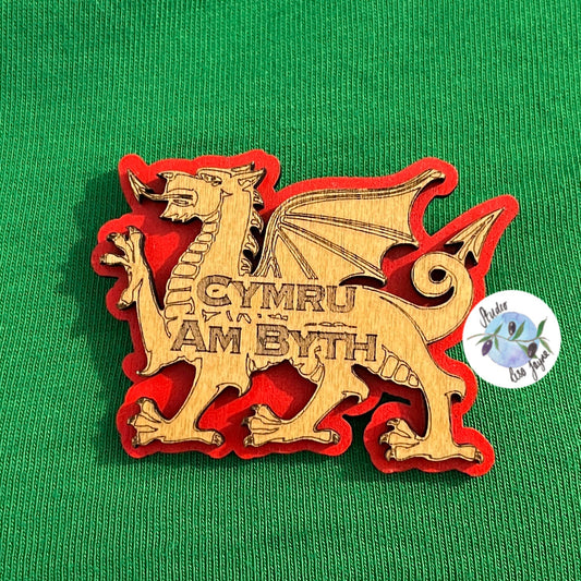 Welsh Dragon 3D Handpainted Wooden Brooch Ddraig Goch