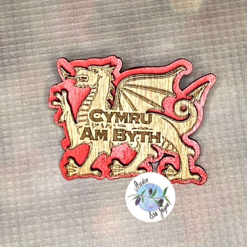 Welsh Dragon 3D Handpainted Wooden Brooch Ddraig Goch