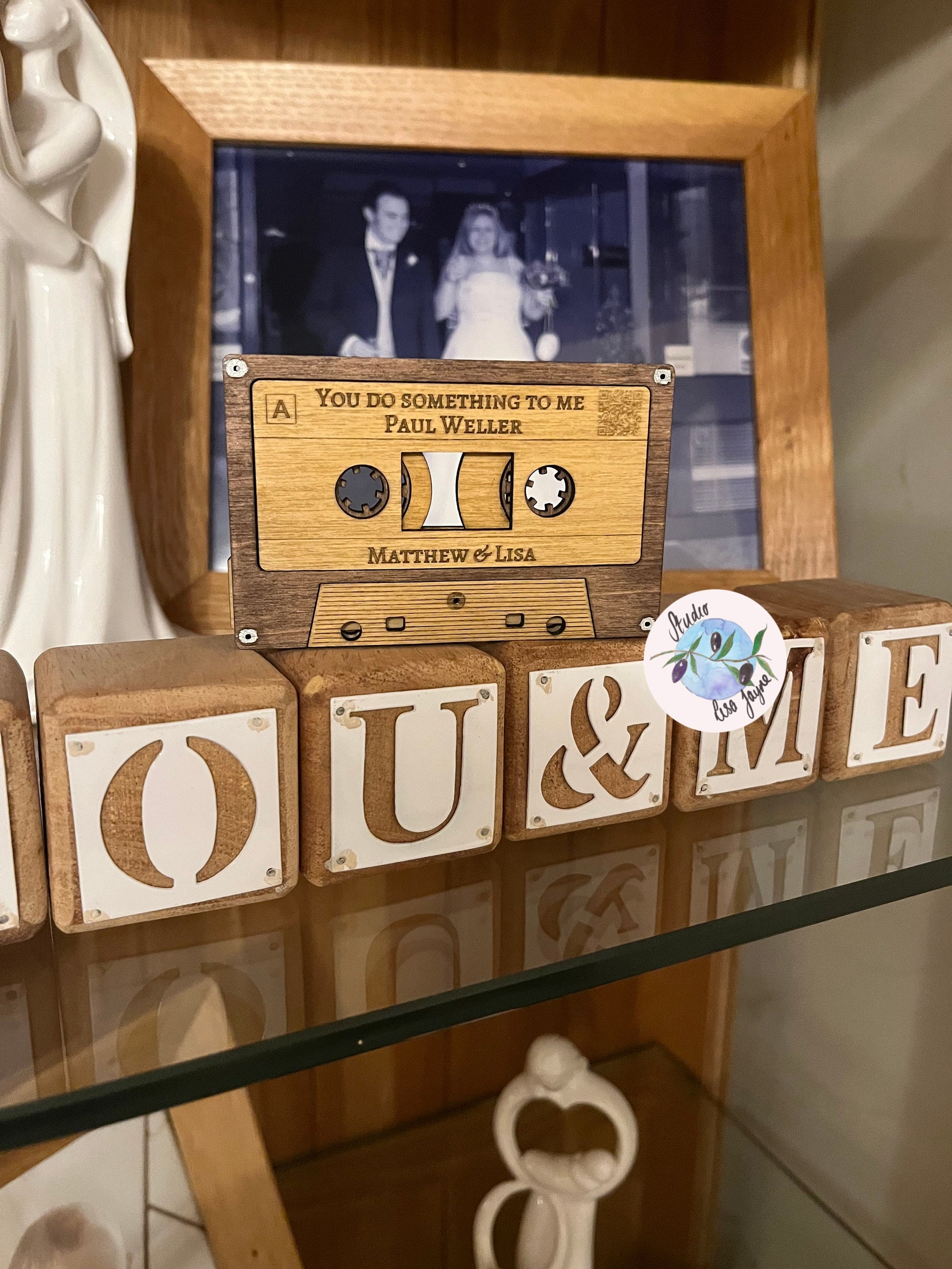 Personalised Mixtape Cassette Wooden Home Decor - 5 year wedding anniversary gift - Showing Wedding First Dance Song - wedding gift - On display next to wedding photo