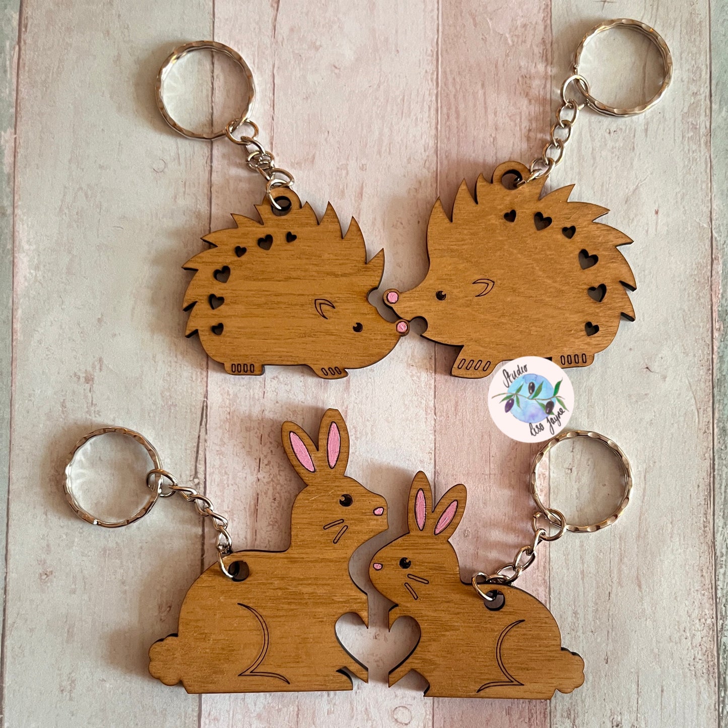 Love anniversary animal pair keyrings jigsaw valentines day - hedgehogs, Rabbits - close up