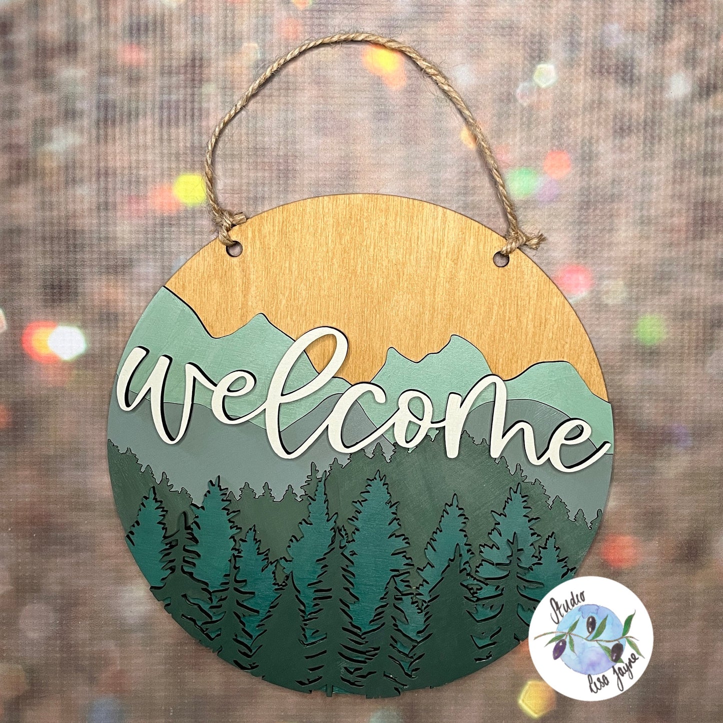 Welcome Croeso Layered Forest and Mountains Hanging Wooden Sign