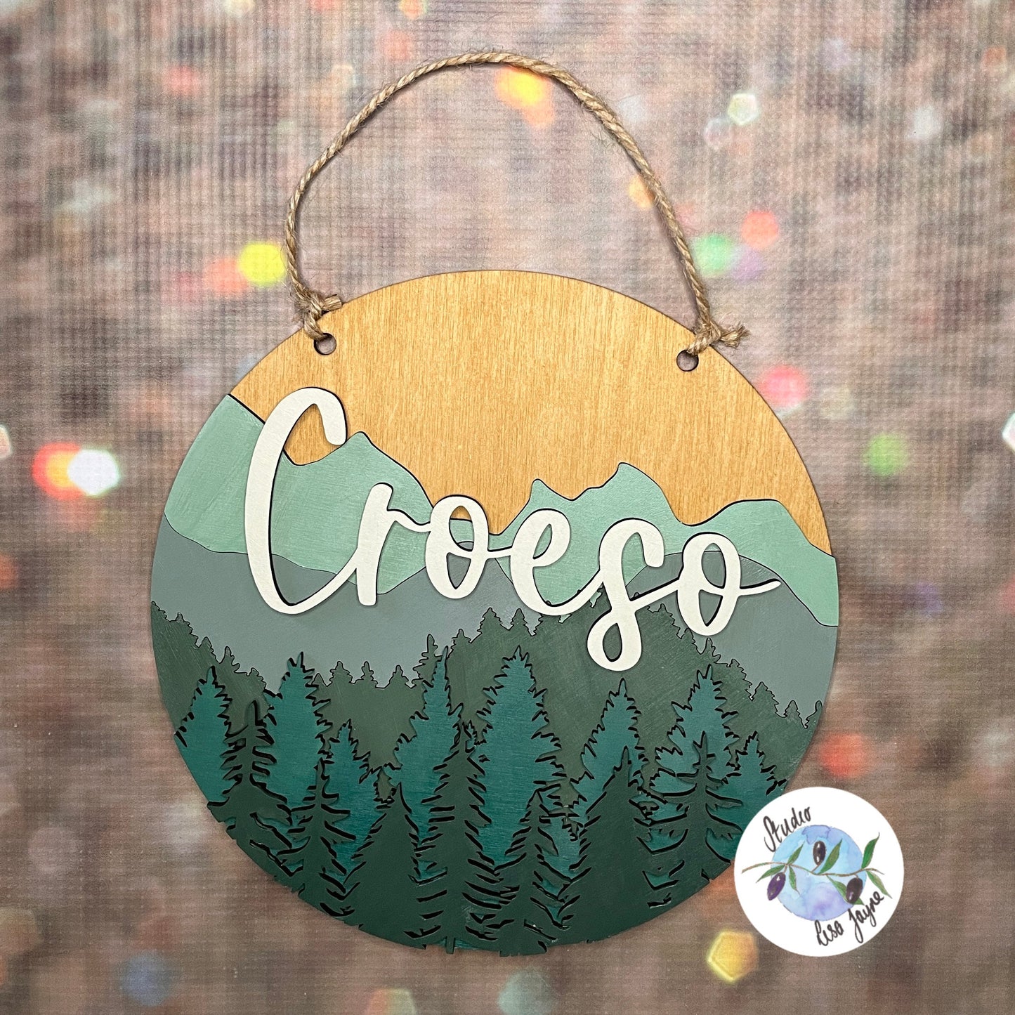 Welcome Croeso Layered Forest and Mountains Hanging Wooden Sign