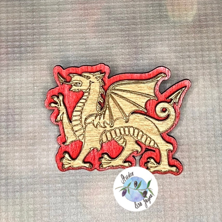 Welsh Dragon 3D Handpainted Wooden Brooch Ddraig Goch