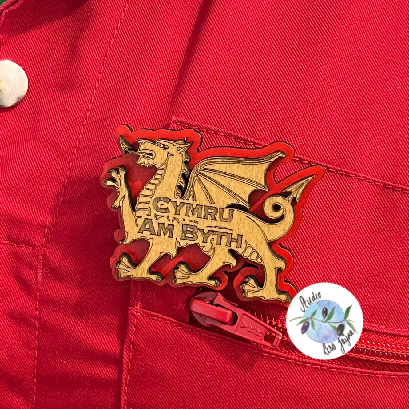 Welsh Dragon 3D Handpainted Wooden Brooch Ddraig Goch