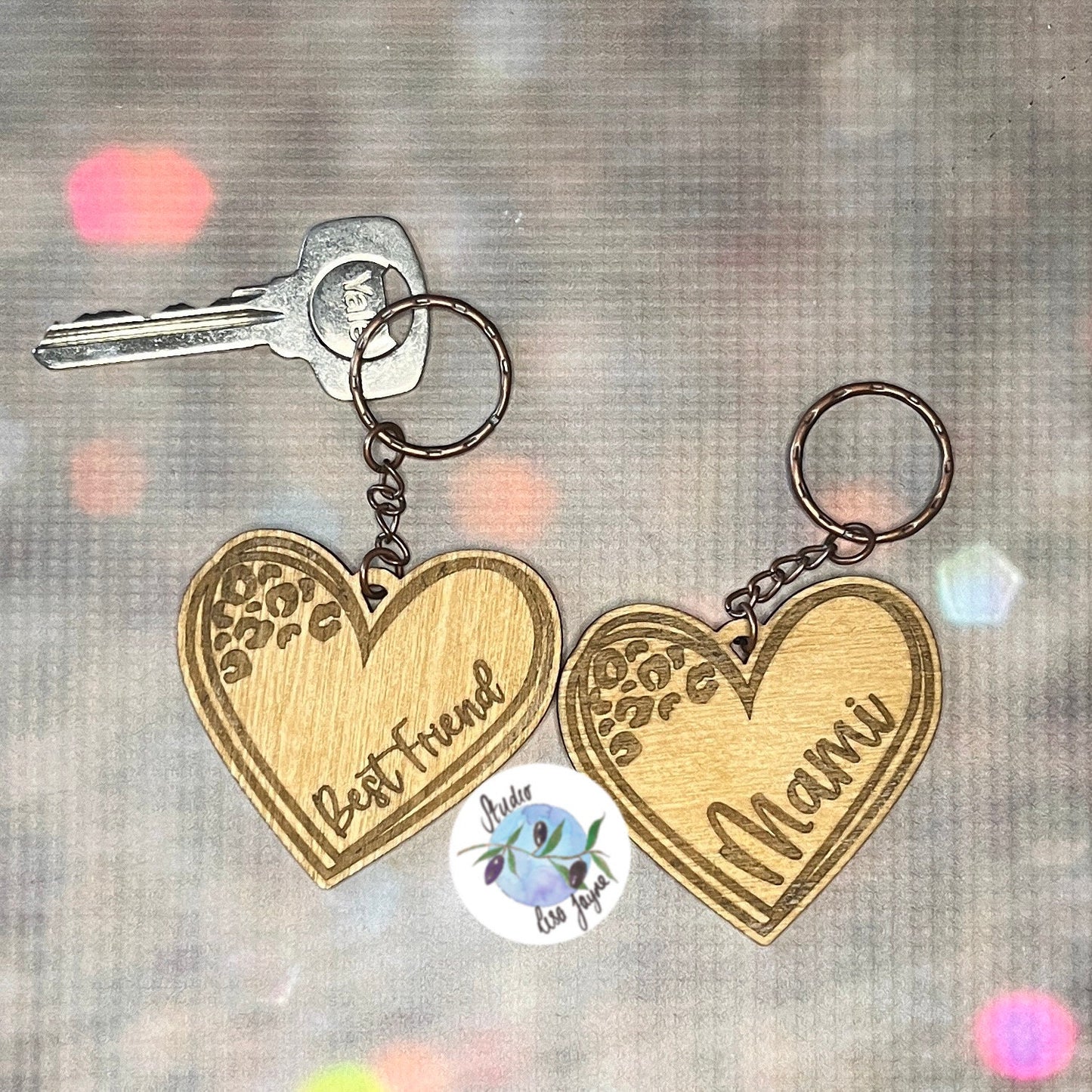 Wooden Leopard Print Heart Keyring Keychain Personalised