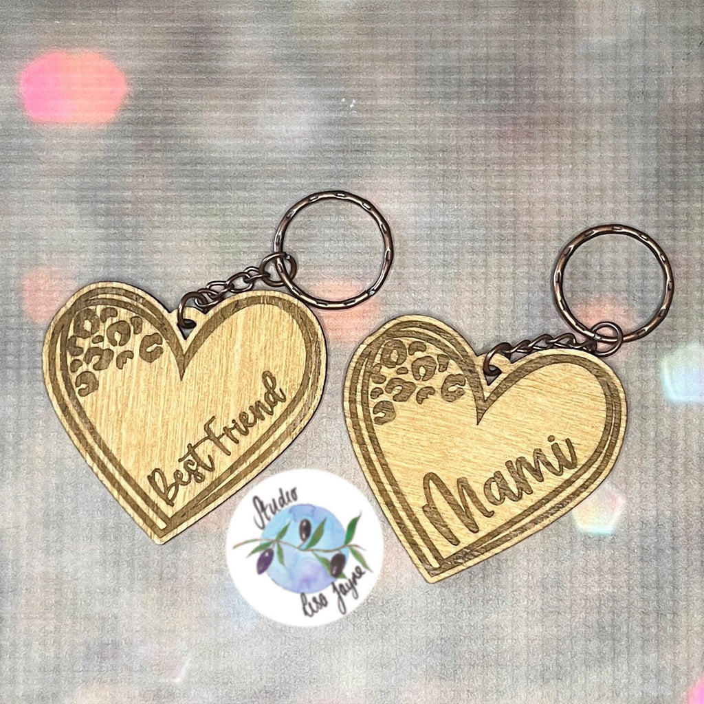 Wooden Leopard Print Heart Keyring Keychain Personalised