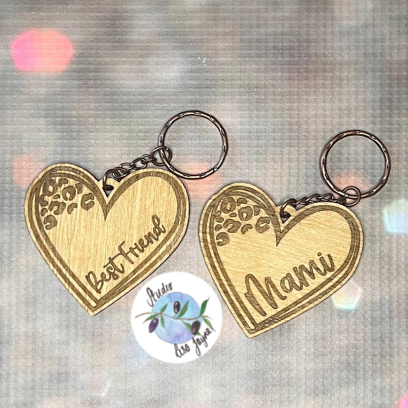 Wooden Leopard Print Heart Keyring Keychain Personalised